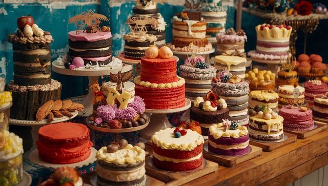 Displaying vibrant layered cakes and artisanal pastries on rustic wooden dessert table