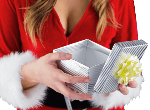Transparent santa claus girl opening holiday gift box