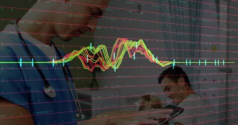 Medical Professional Monitoring Patient Records with Digital Tablet and Vital Sign Graph