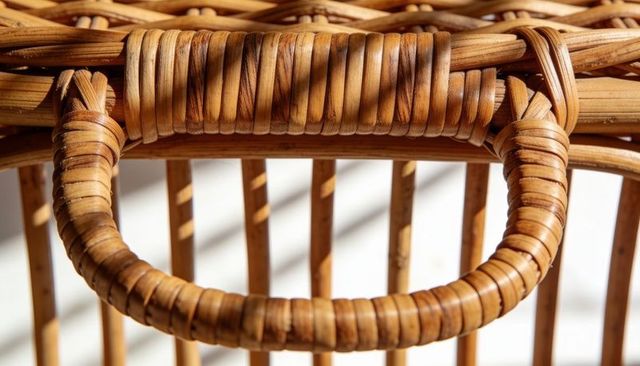 Curved rattan handle showing woven texture and warm grain close-up near window