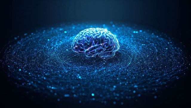Floating neon-blue brain glowing above swirling particle network illustrating ai intellect