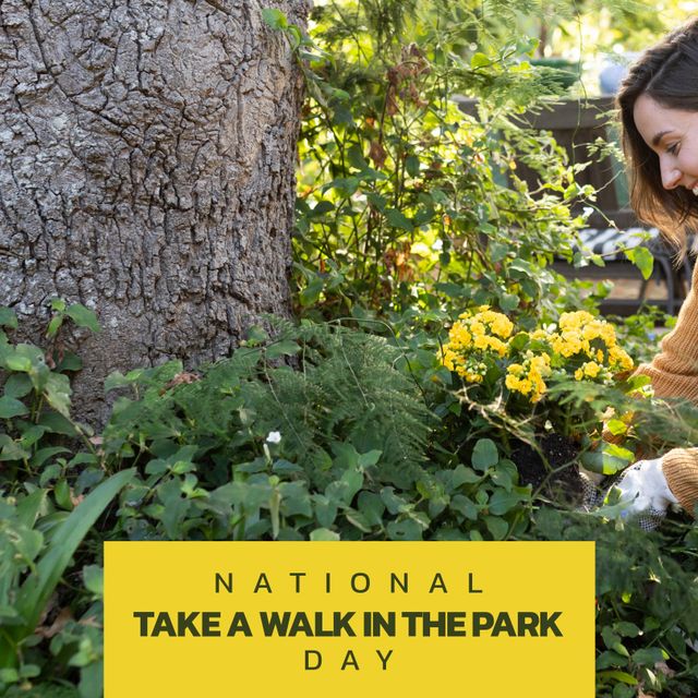 Image captures a woman enjoying National Take a Walk in the Park Day by gardening among yellow flowers and lush greenery. Perfect for promoting outdoor activities, environmental awareness, leisure time, physical health, and mental well-being. Suitable for advertisements, social media posts, educational materials, and event promotions related to outdoor experiences, mindfulness, and community events.