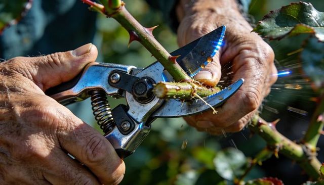 Weathered hands pruning thorny rose stem with metal shears capturing sap spray closeup