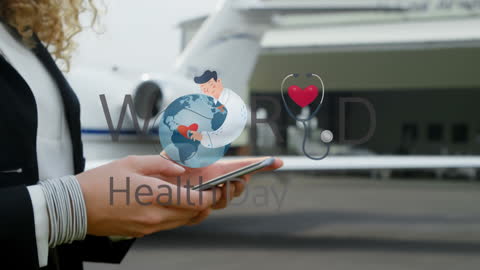 World Health Day Concept with Businesswoman Using Tablet at Airport