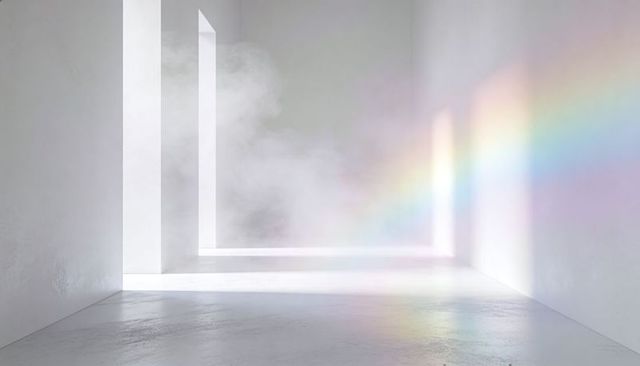 Minimalist gallery casting pastel rainbow through prism and mist with ample copy space