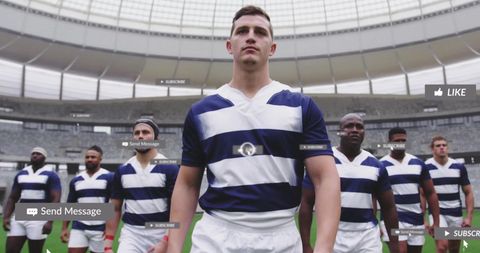 Diverse Rugby Team with Social Media Overlay at Stadium