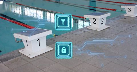 Smart swimming pool security showing starting blocks, holographic lock and key overlays