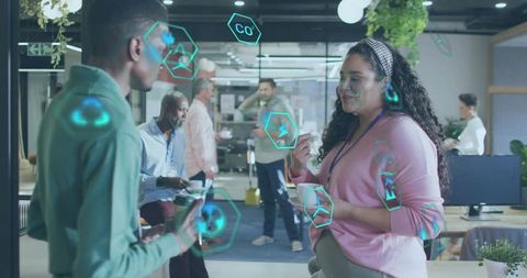 Coworkers collaborating with ar data overlays for sustainable office productivity
