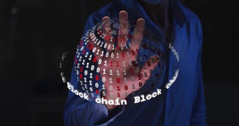 Globe of Binary Numbers and Blockchain Text with Person's Hand - Download Free Stock Images Pikwizard.com