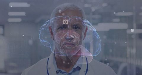 Scientist Analyzing Holographic Brain Scan with Futuristic Interface