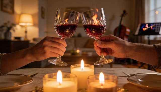 Couple toasting crystal wine glasses over candlelit dinner with cello music, cozy romance