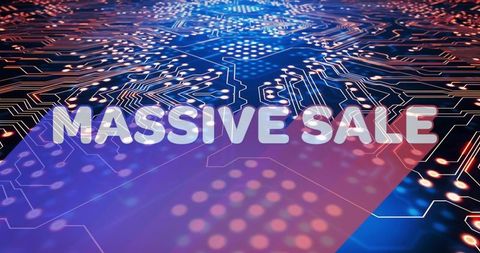 Digital circuit background with massive sale text overlay
