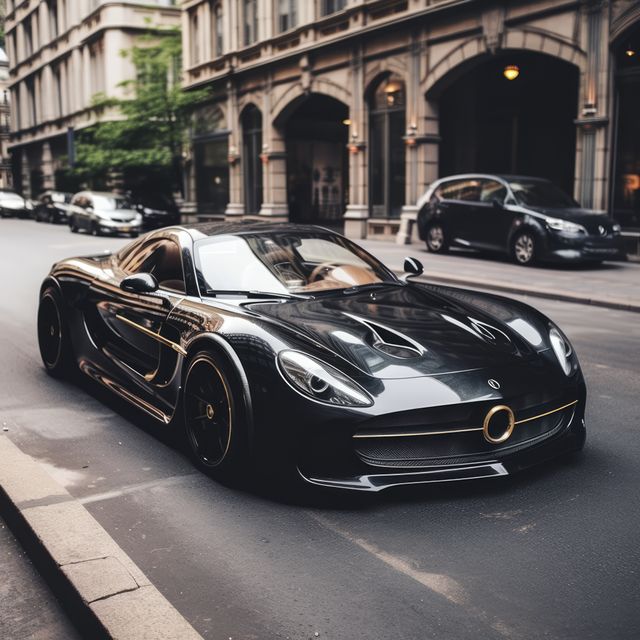 A sleek black sports car parked on a city street. The luxury vehicle stands out with its glossy finish and golden accents in an urban setting.
