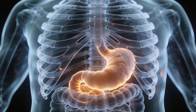 Translucent torso revealing glowing stomach and intestines through ribcage — 3d anatomy
