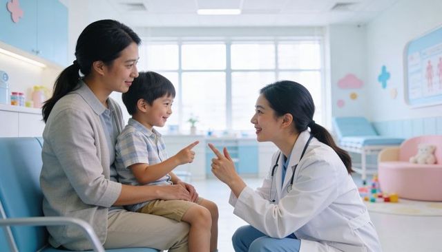 Female pediatrician engaging young boy on mother's lap in bright clinic interaction