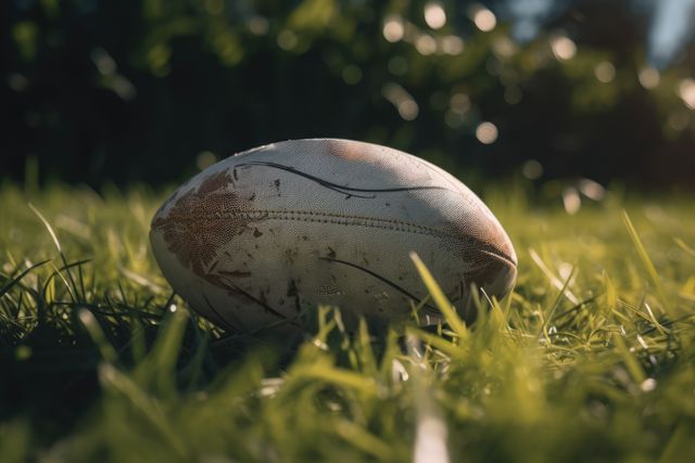Vintage rugby ball resting on lush grass field illuminated by soft, golden sunlight. Perfect for depicting themes of sports nostalgia, outdoor activities, recreation, and sunset landscapes.