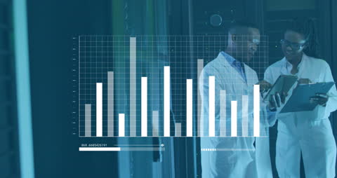 Scientists Analyzing Data Visualization in Server Room