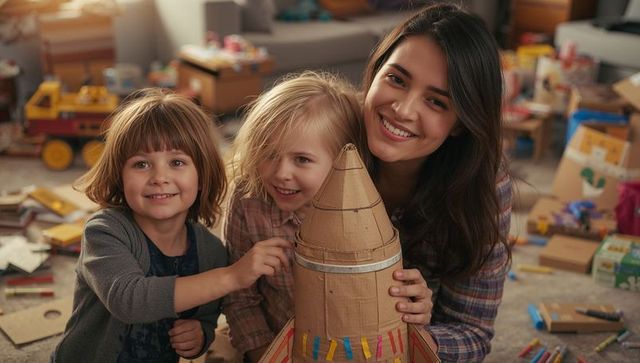 Smiling mother and daughters crafting cardboard rocket in cozy living room for family play