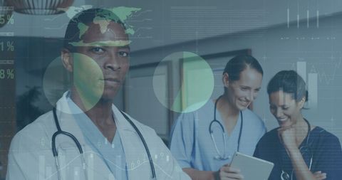 Confident African American Doctor Overlaid with Medical Infographics