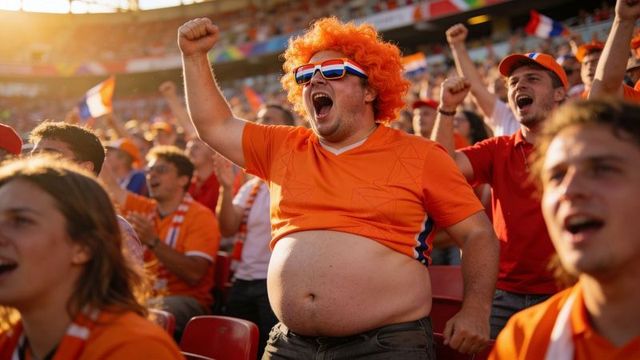 Enthusiastic dutch soccer fan cheering in orange wig and tricolor sunglasses