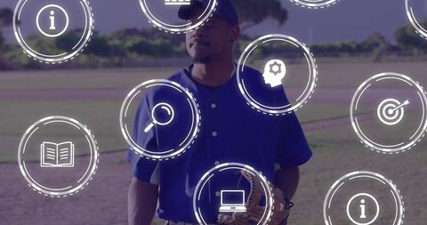 Baseball Player with Digital Overlay Icons on Field