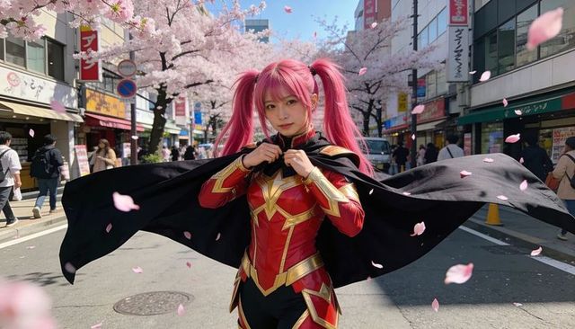 Cosplayer posing in red-gold armor and black cape under blooming cherry blossoms on japan street