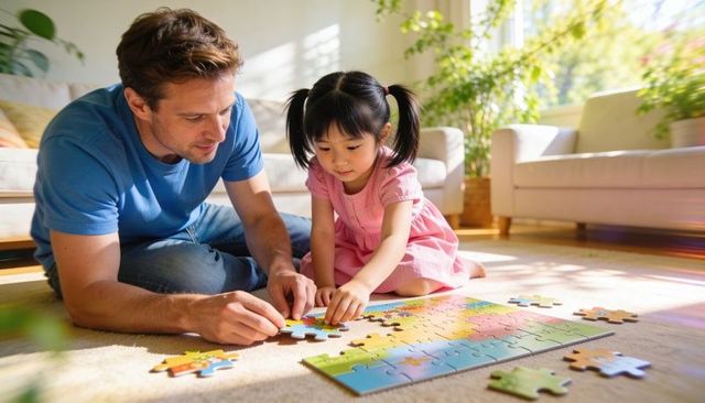 Father and daughter assembling colorful jigsaw puzzle on sunlit living room floor