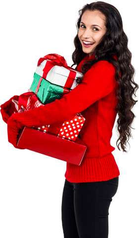 Joyful Woman with Holiday Gifts Holding Transparent Presents