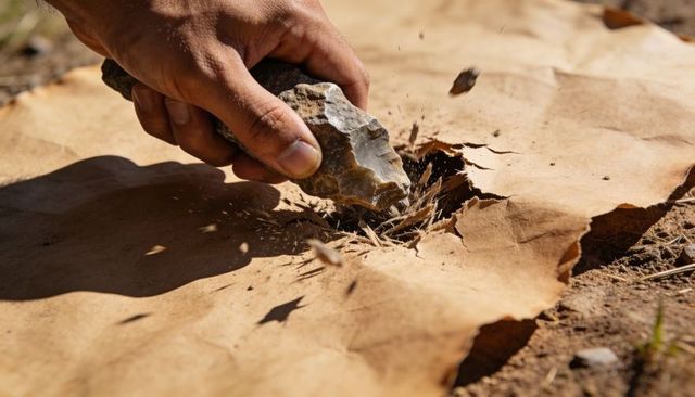 Strong hand striking flint and tearing kraft paper, flakes flying in dry soil closeup