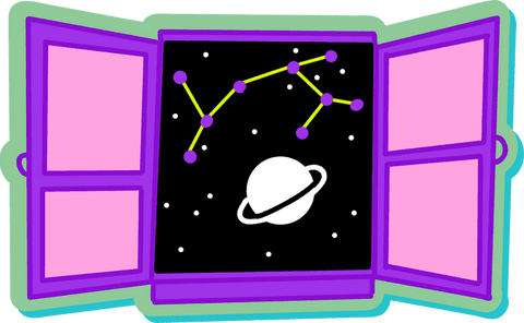 Transparent Space Scene with Constellation and Planet in Window View