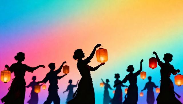 Silhouetted dancers holding glowing lanterns against vibrant gradient backdrop
