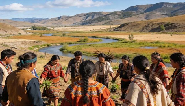 Community circle dancing in woven garments and beadwork beside sunlit winding river valley