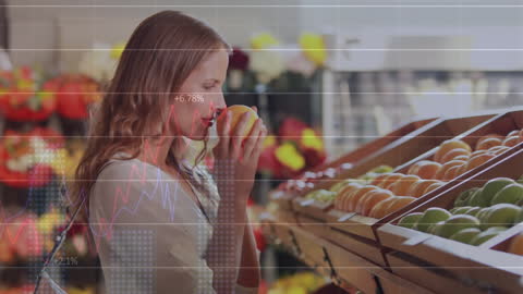 Woman Analyzing Profit from Fruit Selection at Grocery Store