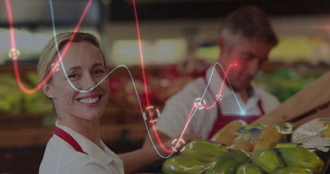 Joyful grocery employee organizing with data insights