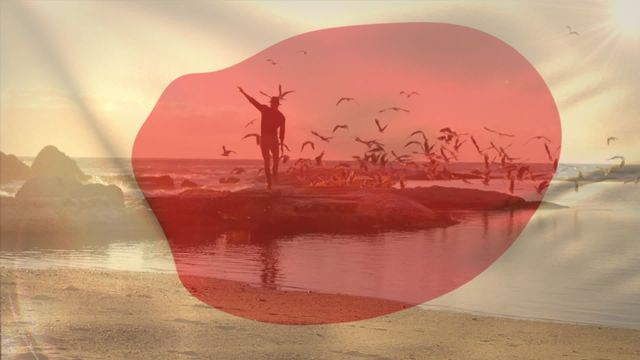 This video features a silhouette of a man standing on a beach surrounded by seagulls during sunset with the Japanese flag overlayed. It symbolizes global patriotism and harmony between humanity and nature. This could be used in digital media discussing patriotism, travel to Japan, cultural themes, or motivational content.