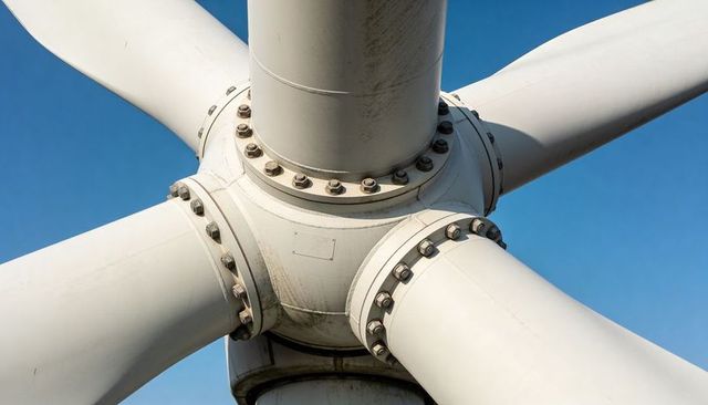 Wind turbine hub close-up showing bolted flange connections under clear blue sky