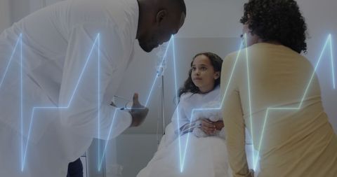 Doctor Caring for Girl Patient with Scientific Data Overlay