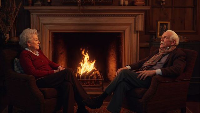 Senior couple relaxing by fireplace in cozy, traditional parlor