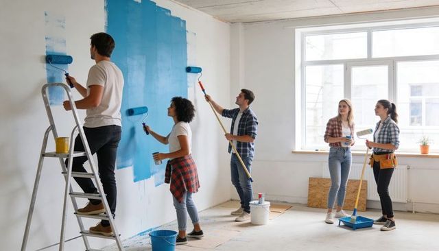 Young Adults Painting Blue Accent Wall Together During Home Renovation Teamwork Project