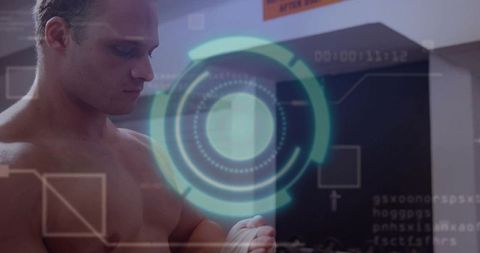 Shirtless boxer secures hand wraps with futuristic hologram