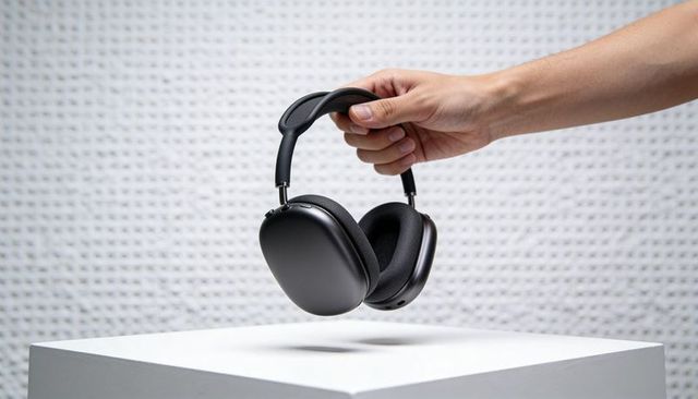Holding premium charcoal wireless over-ear headphones above white pedestal