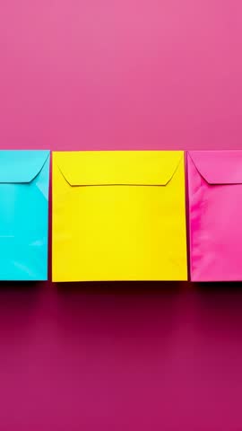 Vertical Video Showing Three Vibrant Square Envelopes in Cyan Yellow Magenta on Pink Backdrop