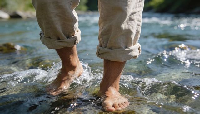 Wading Bare Feet in Shallow Stream Over Smooth Stones with Rolled Linen Pants Sunlit Water