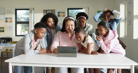 African American Teacher Leading Primary Students Using Tablet in Interactive Lesson