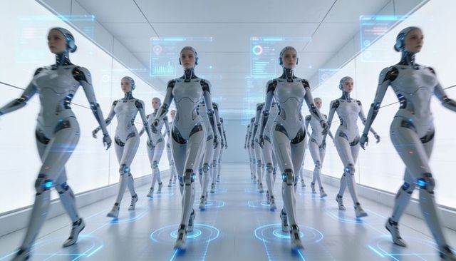 Female android squad marching through futuristic corridor with holographic data panels