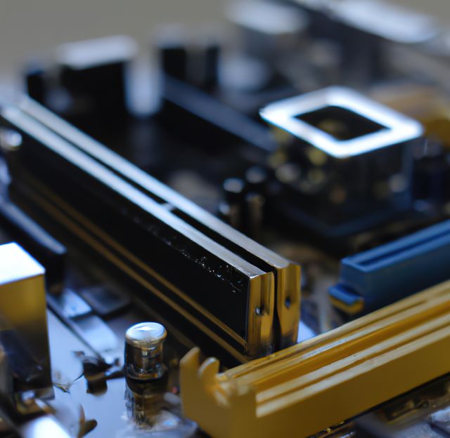 This detailed close-up image of a computer motherboard with visible RAM slots highlights crucial electronic components. Ideal for technology-oriented articles, educational materials, tech blogs, and presentations about hardware, engineering, and computer systems.