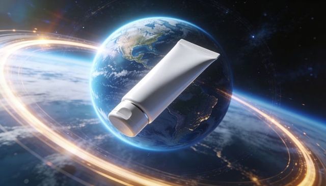 Floating cosmetic tube hovering over earth with orbital light rings for global skincare
