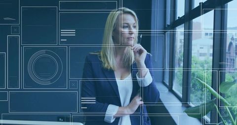 Contemplative Businesswoman with Digital Overlay in Modern Office