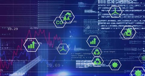 Displaying Sustainability Analytics Dashboard with Hexagonal Eco Icons and Market Charts