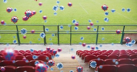 Empty Stadium with Floating Coronavirus Cells Illustrating Pandemic Impact
